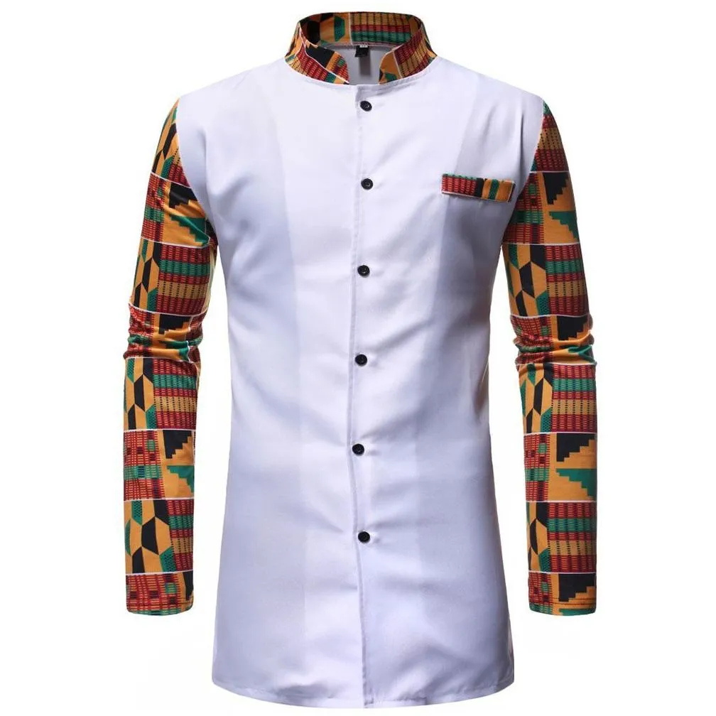 Men`S Tracksuits Mens African Clothing Two Piece Suit White Printed Dashiki Set For Men Long Sleeve Shirt Tops And Pants Bazin Riche Dhjnx
