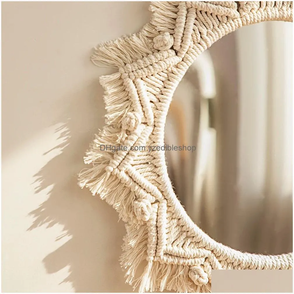 boho macrame round mirror decorative mirrors aesthetic room decor hanging wall mirror for bedroom living room house decoration