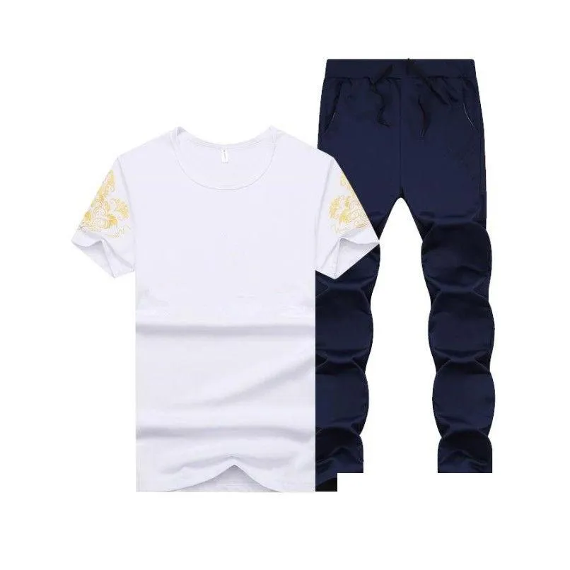 Men`S Tracksuits Summer Men Sport Tracksuit Printed Slim Cool Short Sleeves T-Shirt With Joggers Pants Casual Suit Drop Delivery Appa Dh9Nj