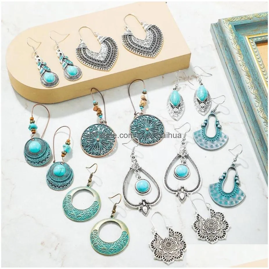 Charm Bohemian Dangle Drop Earrings For Women Vintage Turquoise Tassel Ethnic Retro Pendant Ear Hook Beach Party Jewelry Gift Deliver Dhglq