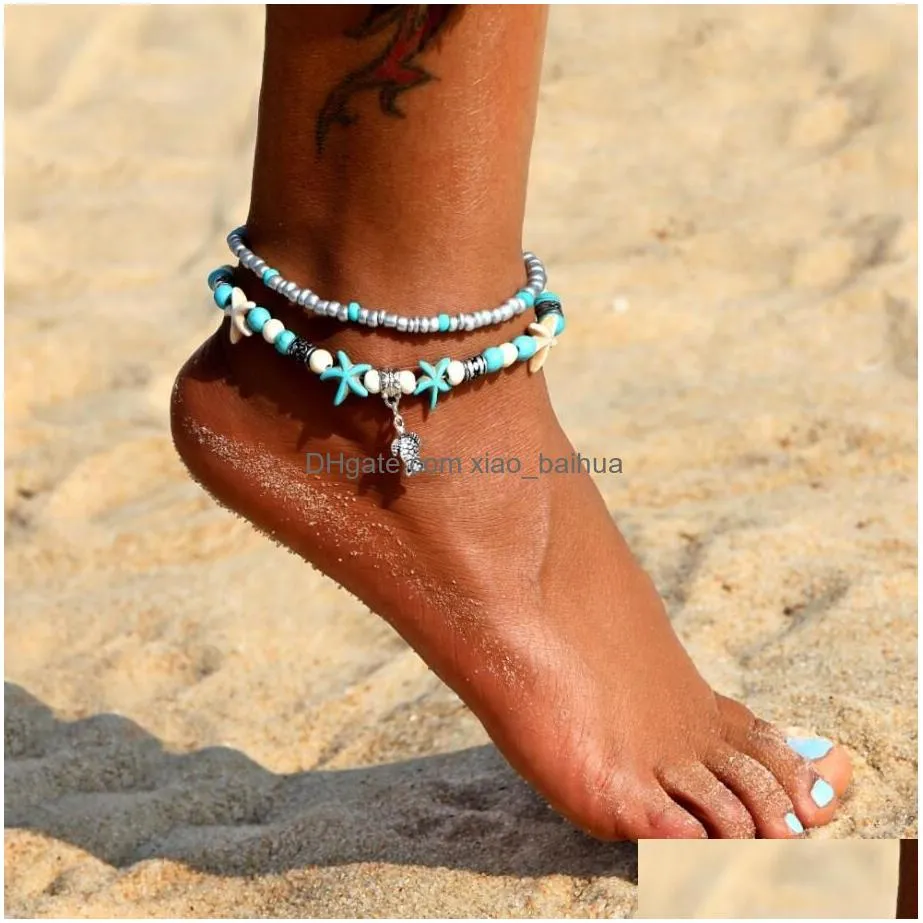 Anklets Vintage Starfish Pendant For Women 2023 Beach Stone Beads Anklet Bohemian Ankle Bracelet On Leg Summer Foot Jewelry Drop Deli Dhl1P