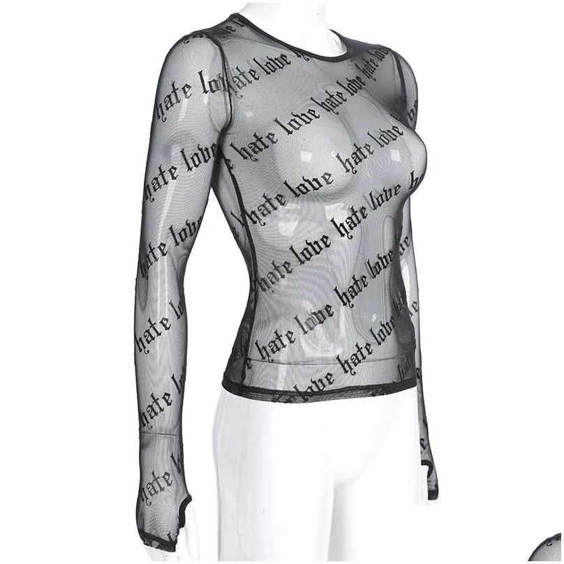 Women`S T-Shirt Women T-Shirts Lace See-Through Long Sleeve Top Tees Y Ladies Sheer O-Neck Tops Black Letter Printing Transparent Pers Dhqeb
