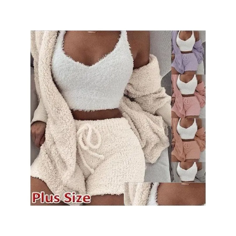 Women`S Sleepwear Womens Coral Veet Pajamas Set Spring Autumn Winter 3 Three Piece Tops Shorts Coat Suit Size Drop Delivery Apparel U Dhylh