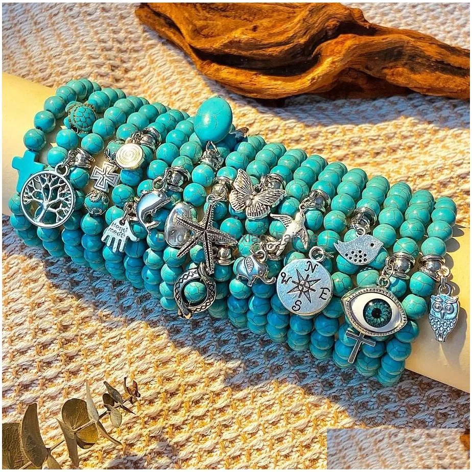 Beaded Bohemian Handmade Natural Stone Bracelet Men Yoga Agates Turquoise Beads Bangles Charm Blue Butterfly Pendant Bracelets Jewelr Dhe7M