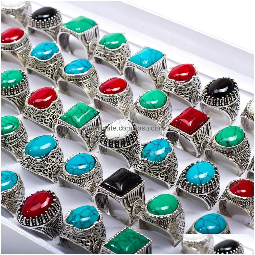 Band Rings 20Pcs/Lot Fashion Retro Bohemian Turquoise Natural Stone Ring For Men Women Trendy Vintage Geometric Jewelry Party Gift Dr Ot6Qa