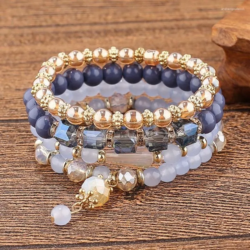 Charm Bracelets 4pcs/set Multi-layer Crystal Acrylic Glass Bead For Women Handmade Braided Elastic Rope Wrap Wristband Bracelet Bangle