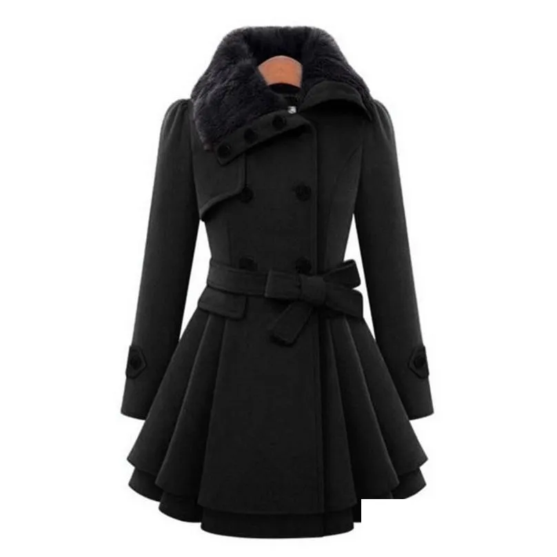 Women`S Wool & Blends Womens Woolen Coat Double Breasted Lapel Long Female Thicken Autumn Winter Slim Belt Pleated Trench Coats Lady F Dh8Hg