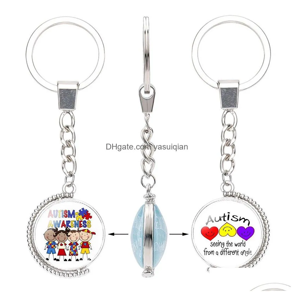 Keychains & Lanyards Fashion Kids Autism Awareness Double Sided For Children Boys Girls Glass Cabochon Key Chains Inspirational Jewel Dh5La