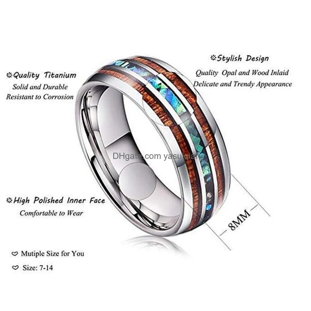 Band Rings 8Mm Wide Wood And Blue Opal Stainless Steel For Men Women Never Fade Wooden Titanium Finger Ring Fashion Jewelry Gift Drop Dh2Od