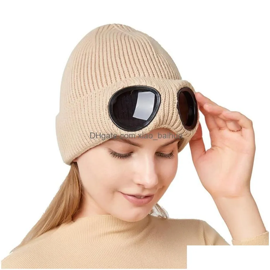 Beanie/Skull Caps Uni Winter Outdoor Glasses Knit Hat Ski Cap Clava Mask Face Neck Protection Thickened Scarf Warm Sklies Beanies Drop Dhspt