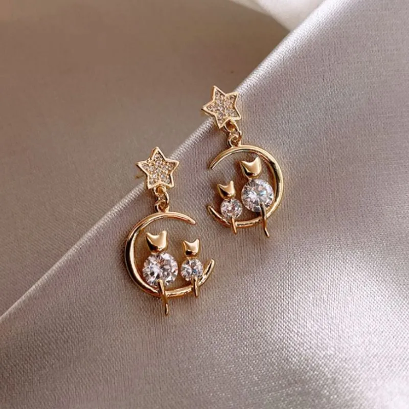 New Trendy Moon Dangle Earrings For Women Temperament Pearl Cherry Cat Rhinestone Pendant Earring Girl Party Jewelry Gift