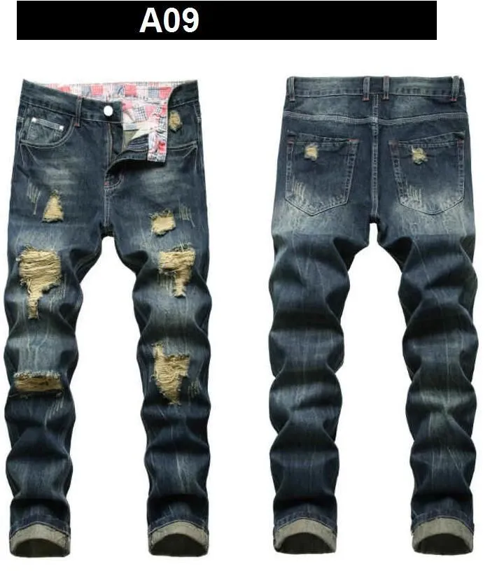 Men`s Jeans Mens Ripped Straight Slim Hip-Hop Patch Non-Stretch Denim Trousers Without Belt Multiple Styles