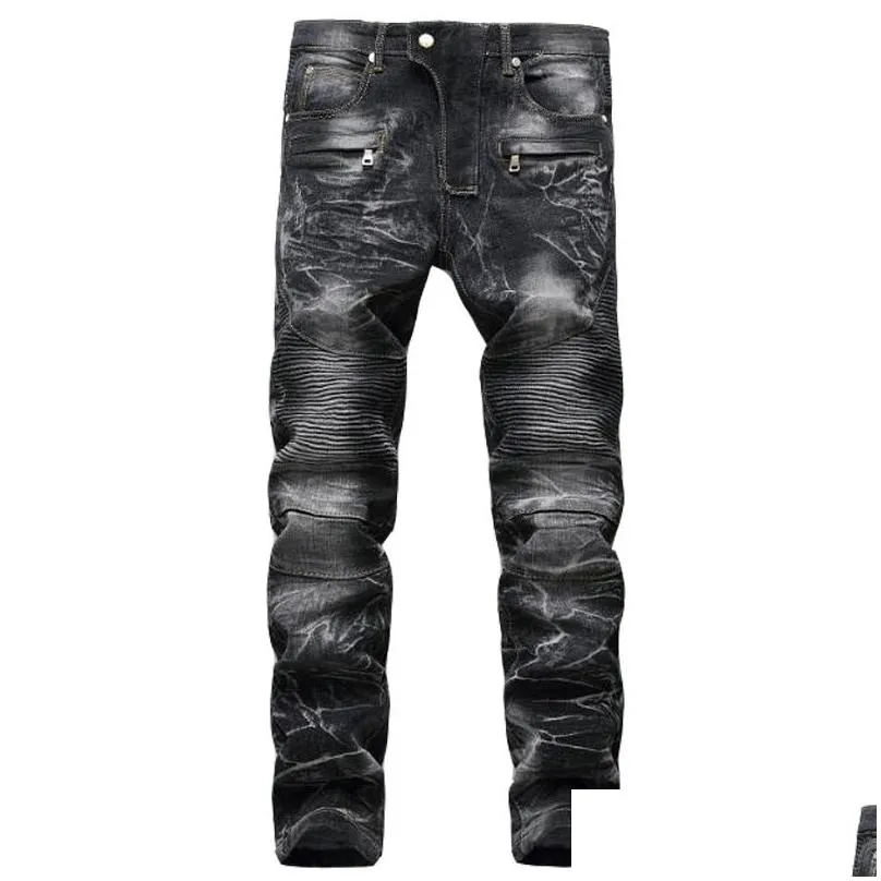 Men`S Jeans Jewuto Men Brand High Quality Hole Straight Moto Biker Denim Pants For Black Blue Drop Delivery Apparel Clothing Dhan6