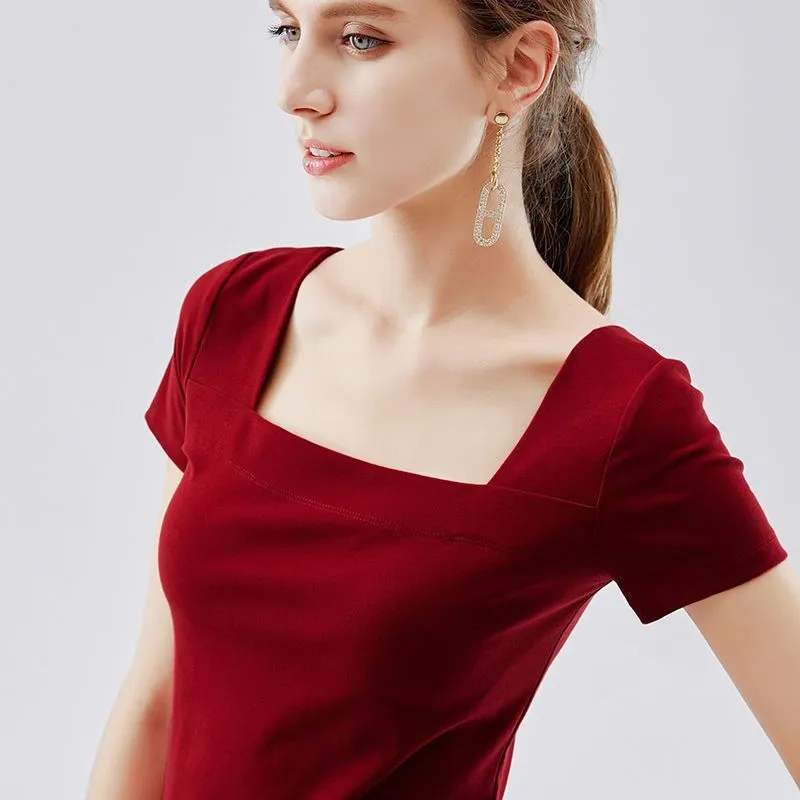 Summer Cotton square neck T shirt women short-sleeved clothes Slim Sexy tops Red White Black retro womens T-shirts 008