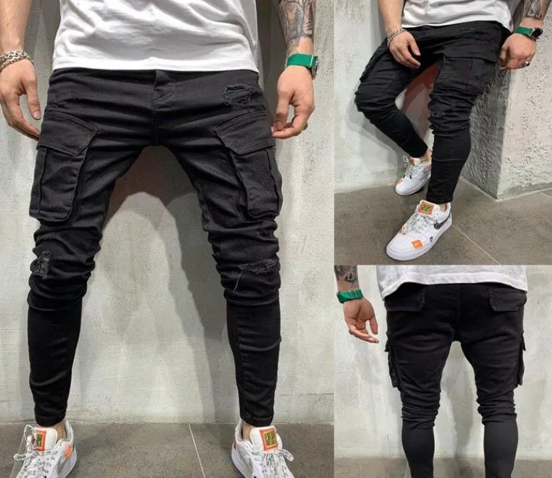 New Black Biker Cargo Jeans Men Multi-Pocket Slim Fit Joggers Trousers Mens Ripped Hole Motorcycle Streetwear Denim Pencil Pants