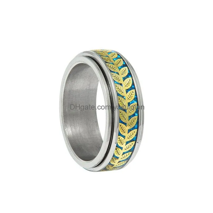 Band Rings 8Mm Titanium Steel Peace Branch Leaf Stainless Rotatable Ring For Men Hip Hop Jewelry Drop Delivery Oterk