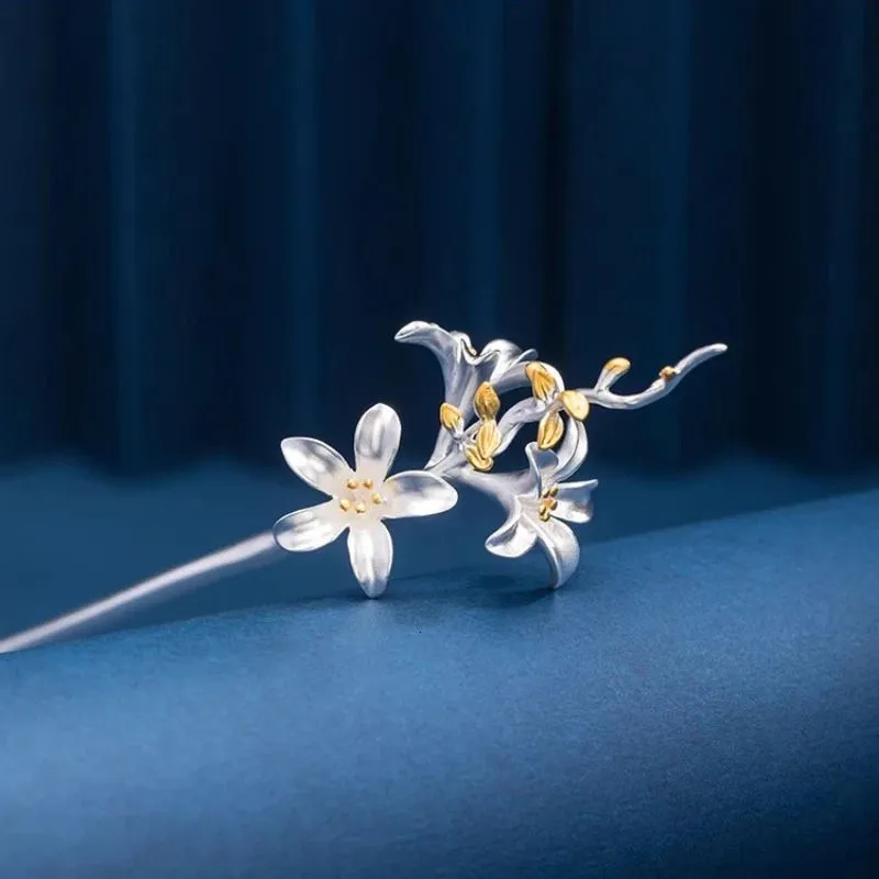 Original Design 925 Silver Lily Flower Hairpin Simplicity Cheongsam Hair Accessories Tiara Exquisite Pin Banquet Jewelry 240311