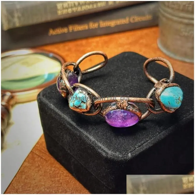 bangle yeevaa purple crystal amethyst turquoise bracelet with copper open raw gemstone energy healing stone handmade