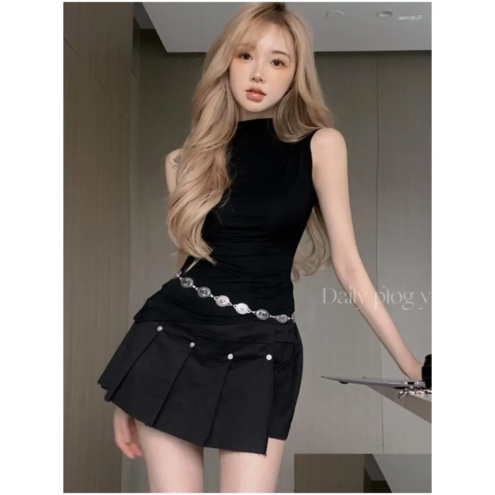 Work Dresses Korean Fashion Sweet Two Piece Set For Women Sleeveless Crop Top Pleated Skirt Suits Girls Sexy 2 Outfits