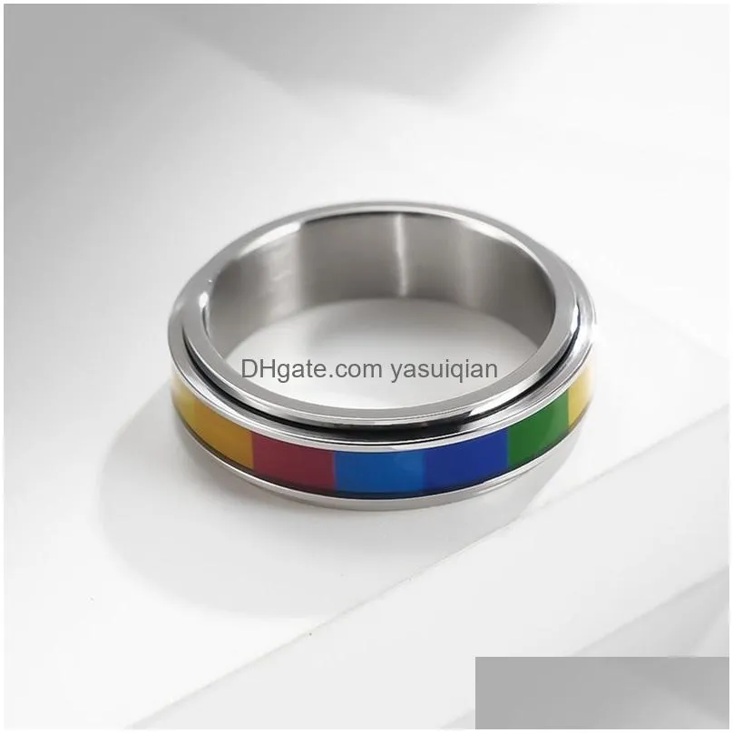 Band Rings 6Mm Rotatable Stainless Steel Rainbow Flag Ring Lala Homouality Lesbian For Lover Women Men Fashion Jewelry Drop Delivery Otgrq