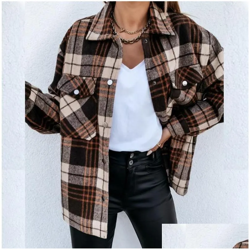 Women`S Blouses & Shirts Women Tops Check Fleece Casual Fashion Loose Shacket Top Shirt Tunic Oversize Baggy Youth Lady Autumn Winter Dhzk1