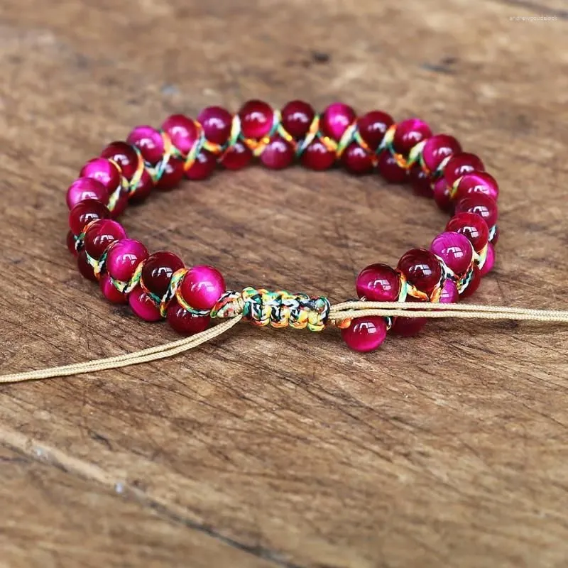 Charm Bracelets 6mm Rose Red Tiger Eye Stone Beads Braided Bracelet Double Layer Women Friendship Strand Handmade Jewelry