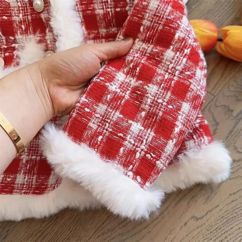 INS Girls plaid woolen clothes sets kids red lattice single breasted outwear skirts 2pcs Xmas children thicken party outfits S0908