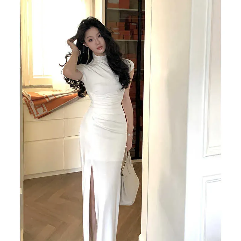 Stand-up Collar Dress women`s Spring New Split Pleated Party Long Dress Woman Elegant Casual Beach Dress