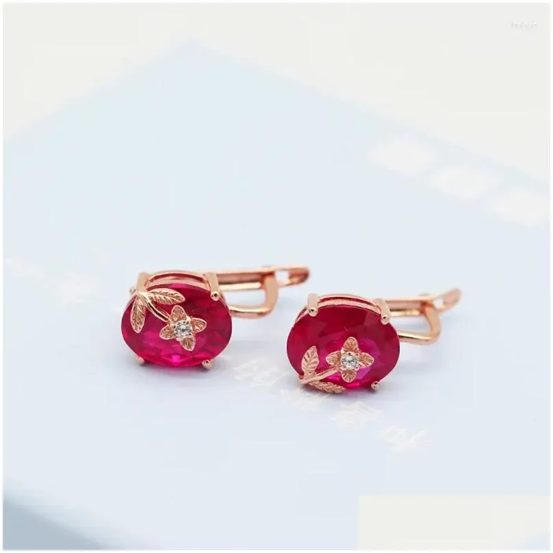Stud Earrings 585 Purple Gold Plated 14K Rose Inlaid Ruby Flower Shape For Women Luxury Sweet Style Party High Jewelry