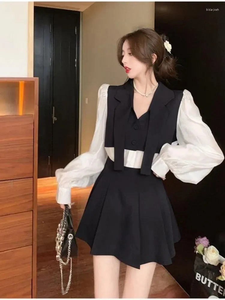 Work Dresses Blazer Skirt Sets Ladies Puff Sleeves Suit Collar Shirt Women Autumn High Waist Meat-covering Small Fragrance