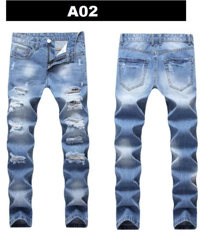 Men`s Jeans Mens Ripped Straight Slim Hip-Hop Patch Non-Stretch Denim Trousers Without Belt Multiple Styles