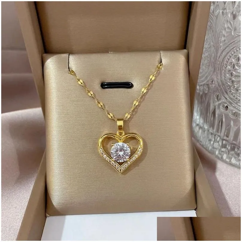 Pendant Necklaces O Stainless Steel Fashion Hollow Out Heart Necklace For Women Lovers Gold Color Clavicle Chain Choker Female Drop Otmy4