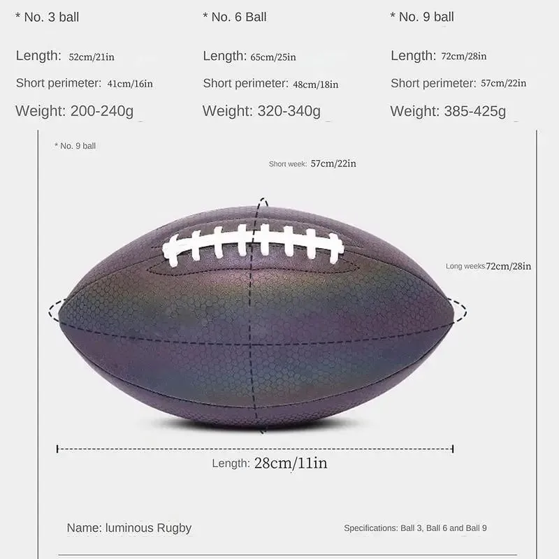 Size 369 Reflective Rugby Ball Luminous Fluorescent Training Ball PU Leather Standard Ball for Match 240304