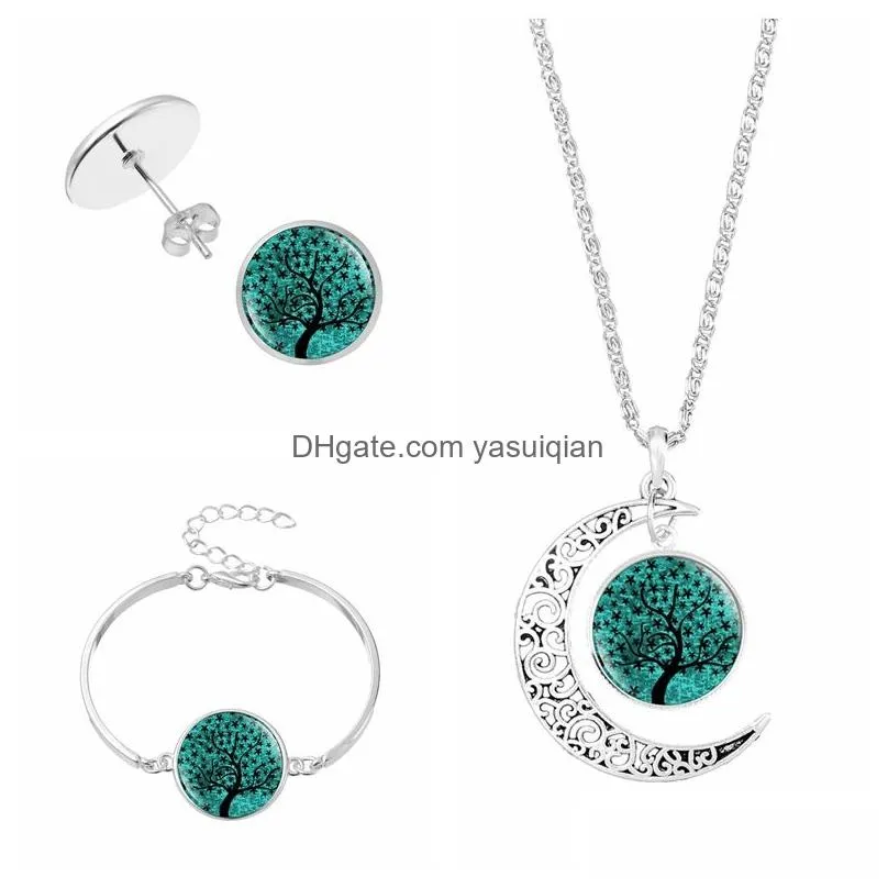 Bracelet, Earrings & Necklace Tree Of Life Moon Bracelet Stud For Women Glass Cabochon Plant Pendant Charm Mens Fashion Jewelry Set I Dhrmp