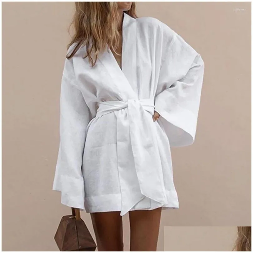 Women`s Swimwear Summer Cotton Shirtdress Long Sleeve Swimsuit Cover-Ups White Cardigan Beachwear Sun Protection Self Belted Kimono