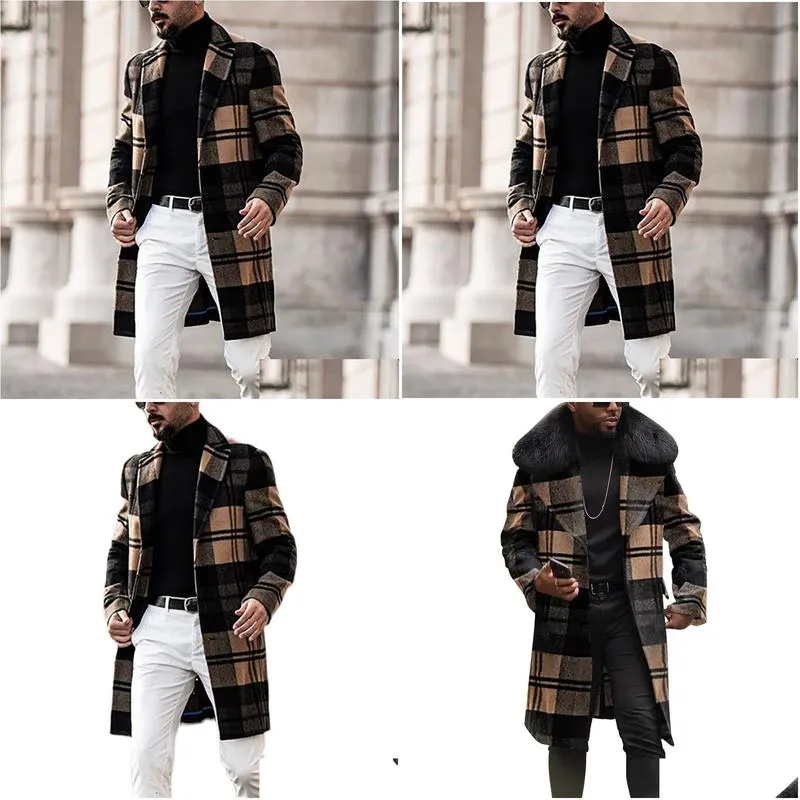 Men`S Wool & Blends Men Jacket Designer Mens Plaid Woolen Slim Fit Mid Length Autumn Winter Warm Coats Casual Fashion For Male Plus Si Dhlti