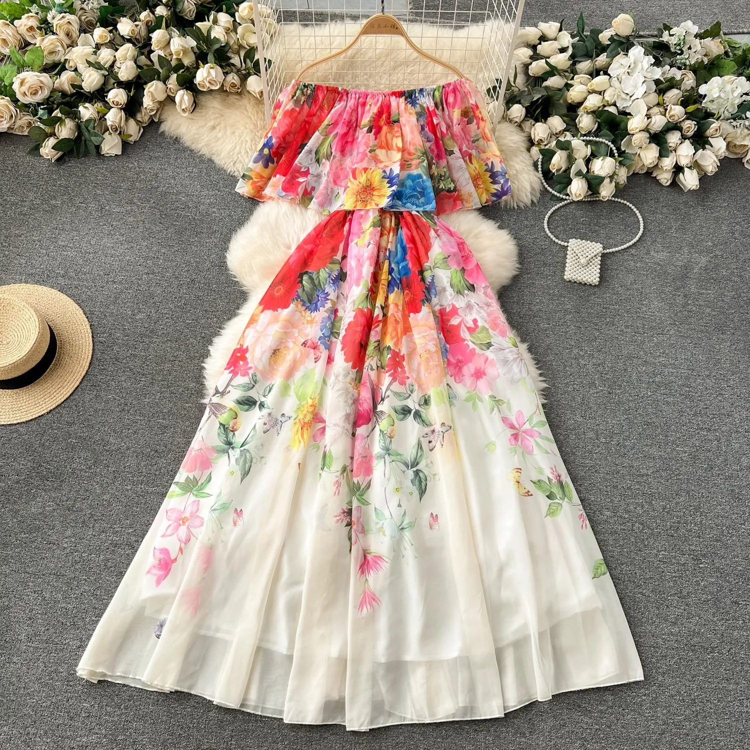 Casual Dresses 2024 Summer Off Shoulder Gorgeous Flower Holiday Chiffon Flowy Dress Women`s Bow Belt Elastic Waist Floral Print Long