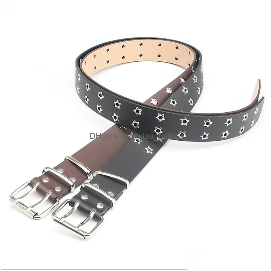 Belts Fashion Women Punk Chain Belt Adjustable Black Double Single Star Eyelet Grommet Metal Buckle Leather Waistband For Drop Deliver Dhaeh