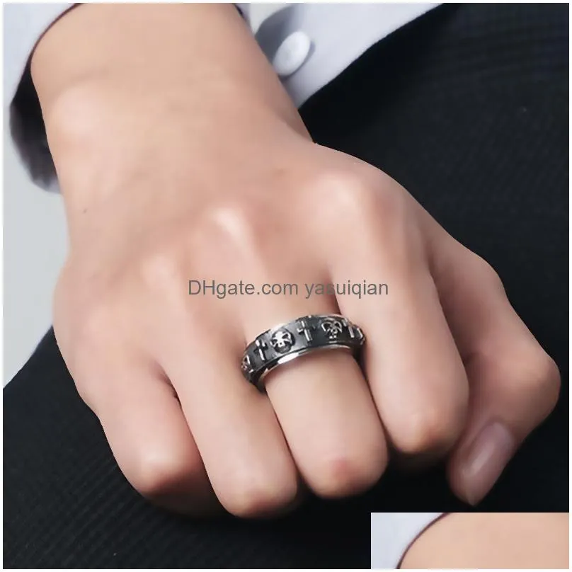 Band Rings Retro 3D Skl Cross Rotatable Stainless Steel Decompress Ring For Men Goth Jewelry Drop Delivery Ot1J5