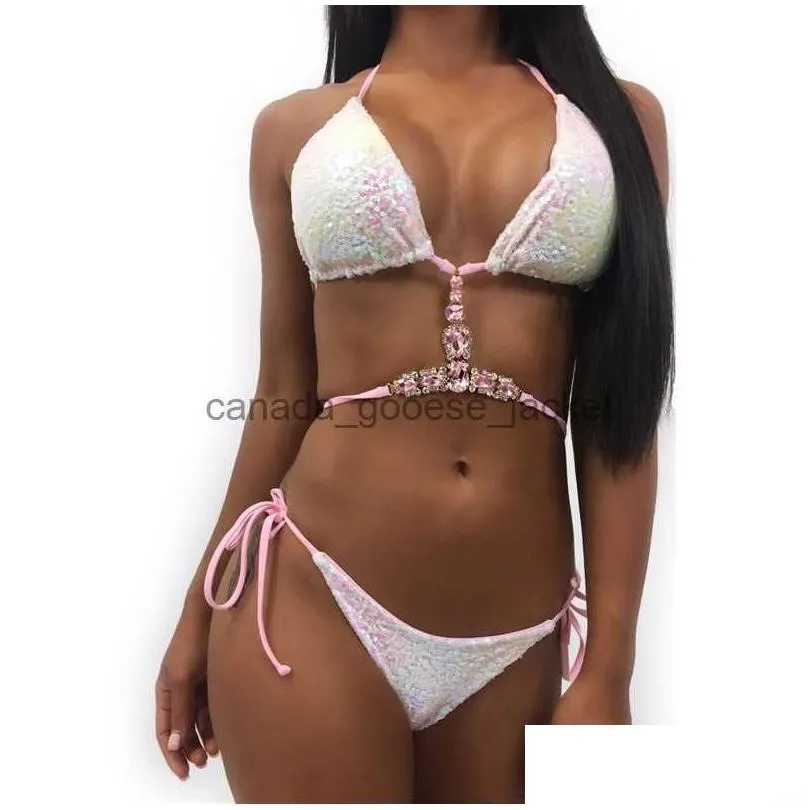 Women`s Swimwear Bikini Crystal Rhinestones Glitter Diamond Gems Swimwear Women Bikini Set Beach Bathing Suit Swimsuit Push Up Brazilian