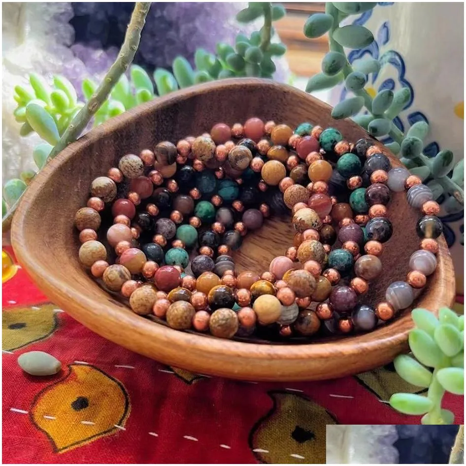 MG1609 Strand New Design Throat Chakra Wrist Mala Bracelet 6 MM African Turquoise & Copper Beaded Bracelet For Women300a