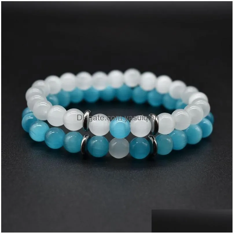 Beaded New 8Mm Blue White Opal Beads Chains Bracelet For Women Men Couple Healing Crystal Natural Stone Strands Bangle Fashion Jewelr Dh8Xq