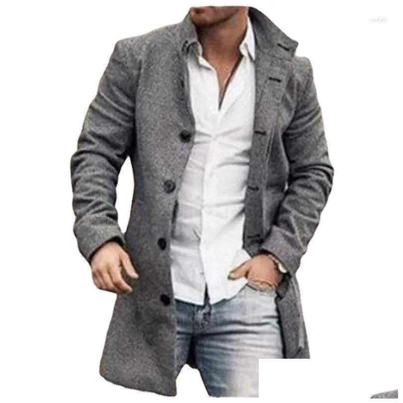 Men`S Wool & Blends Mens Single-Breasted Blend Coats Autumn Lapel Collar Retro Jacket Long Tops Outerwear Y Fashion Overcoat Drop Deli Dhmdj