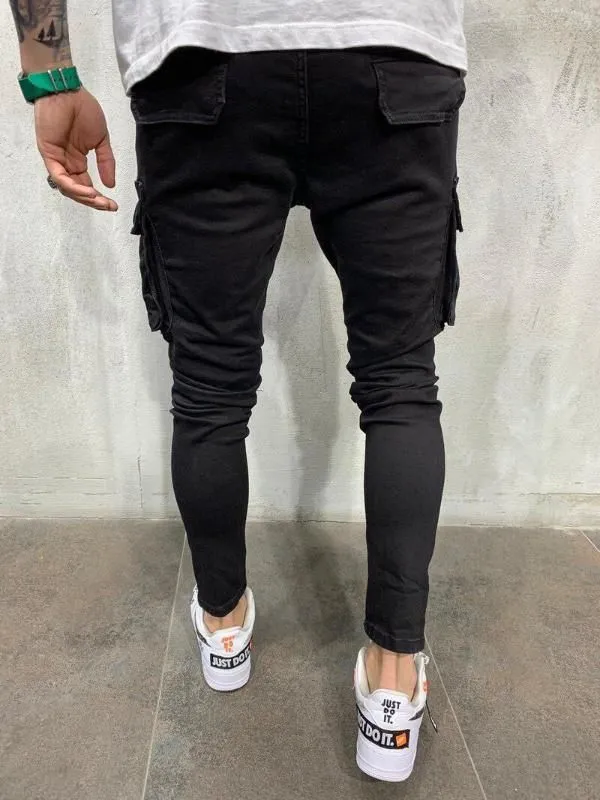 New Black Biker Cargo Jeans Men Multi-Pocket Slim Fit Joggers Trousers Mens Ripped Hole Motorcycle Streetwear Denim Pencil Pants