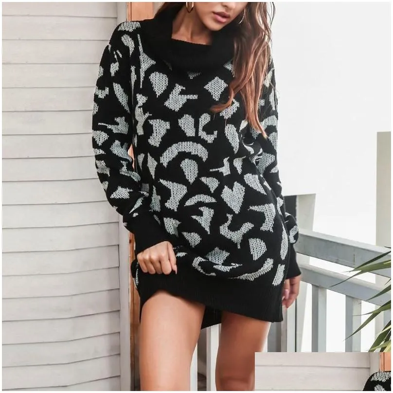 Casual Dresses Fall Women Leopard Print Sweater Dress Turtleneck Mini Long Sleeve Knitted Autumn Vestido Ocasional4550265