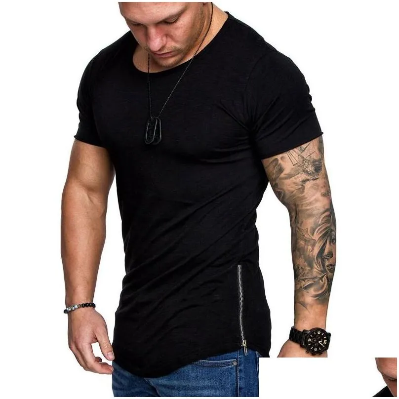 Men`S T-Shirts Mens Moomphya Solid Color Skinny Side Zipper T Shirt Longline Slim Fit T-Shirt Men Hip Hop Streetwear Summer Tops Drop Dh4Zv