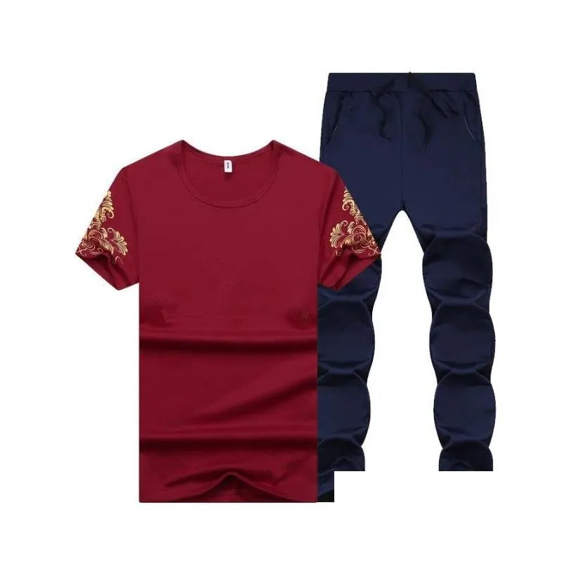 Men`S Tracksuits Summer Men Sport Tracksuit Printed Slim Cool Short Sleeves T-Shirt With Joggers Pants Casual Suit Drop Delivery Appa Dh9Nj