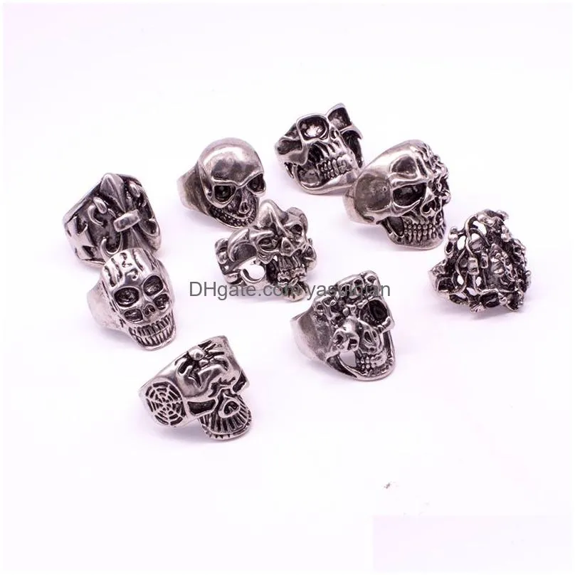 Band Rings 50Pcs Skl Skeleton Gothic Alloy Wholesale Punk Style For Mens Drop Delivery Jewelry Ring Otkp3