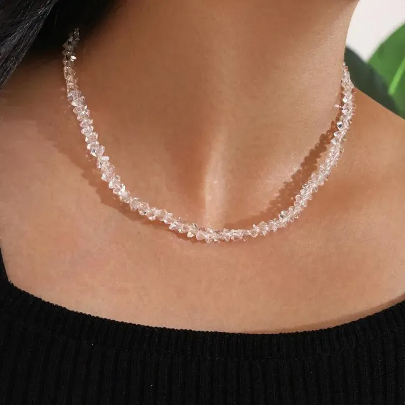 Sea Style White Color Crystal Spar Geometric Transparent Beading Choker Necklace For Women Girl Party Vacation Jewelry Chokers