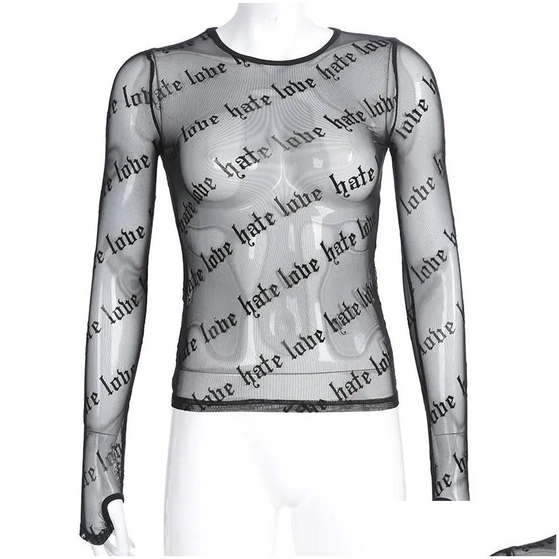 Women`S T-Shirt Women T-Shirts Lace See-Through Long Sleeve Top Tees Y Ladies Sheer O-Neck Tops Black Letter Printing Transparent Pers Dhqeb